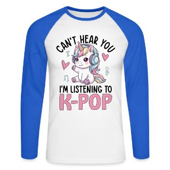 Je ne t’entends pas en écoutant de la K-Pop - T-shirt baseball manches longues Homme - blanc/bleu royal - Devant - Nik (191cm)