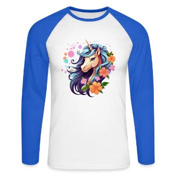 Blue Unicorn with Floral Wreath - Unisex Long Sleeve Baseball T-Shirt - white/royal blue - Front - Nik (191cm)