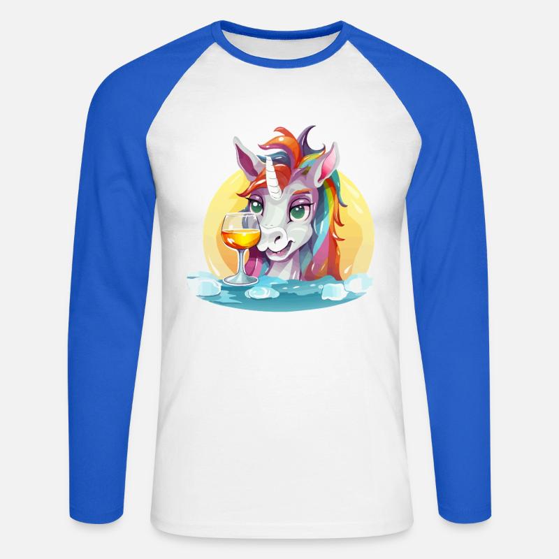 Buntes Einhorn mit Wein - Unisex Baseballshirt langarm - Weiß/Royalblau