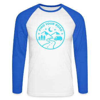 Trouvez votre vie de camping d’aventure sur route - T-shirt baseball manches longues Homme - blanc/bleu royal - Devant - Nik (191cm)
