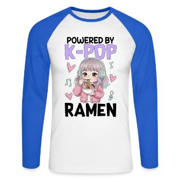 Powered By K-Pop Ramen - Unisex Long Sleeve Baseball T-Shirt - white/royal blue - Front - Nik (191cm)