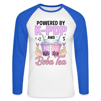 Powered By K Pop And Boba Tea - Unisex Long Sleeve Baseball T-Shirt - white/royal blue - Front - Nik (191cm)