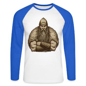 Légende viking viking marin Odin Raven Fighter - T-shirt baseball manches longues Homme - blanc/bleu royal - Devant - Nik (191cm)