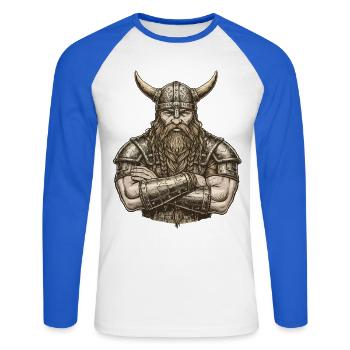 Légende viking viking marin Odin Raven Fighter - T-shirt baseball manches longues Homme - blanc/bleu royal - Devant - Nik (191cm)
