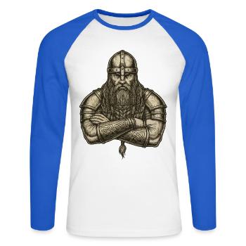 Légende viking viking marin Odin Raven Fighter - T-shirt baseball manches longues Homme - blanc/bleu royal - Devant - Nik (191cm)
