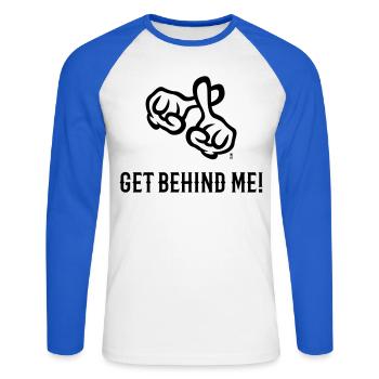 Get Behind Me! (Cross / Bible / Religion / 2C) - Unisex Long Sleeve Baseball T-Shirt - white/royal blue - Front - Nik (191cm)