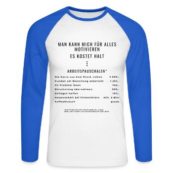 Motivation durch Pauschalen - Unisex Baseballshirt langarm - Weiß/Royalblau - Vorne - Nik (191cm)