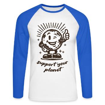 Soutenez votre motivation planète - T-shirt baseball manches longues Homme - blanc/bleu royal - Devant - Nik (191cm)