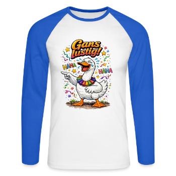 Goose Funny – Un plaisir insensé pour le carnaval - T-shirt baseball manches longues Homme - blanc/bleu royal - Devant - Nik (191cm)