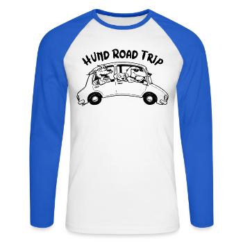 Chien Road Trip Humour Voyage Voiture Cadeau Idée - T-shirt baseball manches longues Homme - blanc/bleu royal - Devant - Nik (191cm)