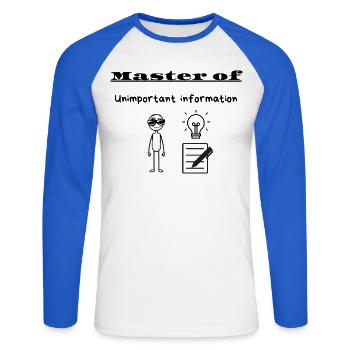 Maître de l’information sans importance - T-shirt baseball manches longues Homme - blanc/bleu royal - Devant - Nik (191cm)