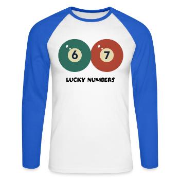 67 Lucky Numbers - Pool‑Billard Vintage Design - Unisex Baseballshirt langarm - Weiß/Royalblau - Vorne - Nik (191cm)