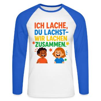 Wir lachen zusammen Spruch Design - Unisex Baseballshirt langarm - Weiß/Royalblau - Vorne - Nik (191cm)