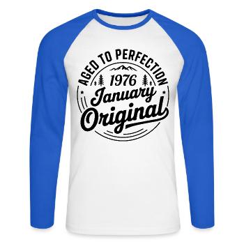 janvier 1976 – Légende des sommets et montagnes - T-shirt baseball manches longues Homme - blanc/bleu royal - Devant - Nik (191cm)