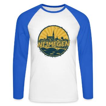 Nijmegen City Skyline Retro Sunset Badge - Unisex Long Sleeve Baseball T-Shirt - white/royal blue - Front - Nik (191cm)