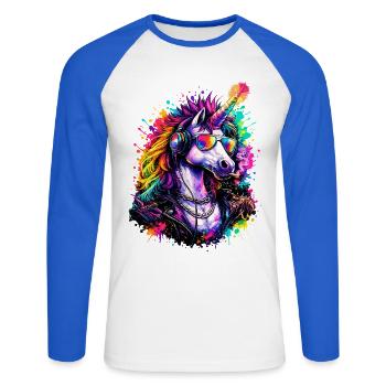 DJ licorne cool avec casque - T-shirt baseball manches longues Homme - blanc/bleu royal - Devant - Nik (191cm)