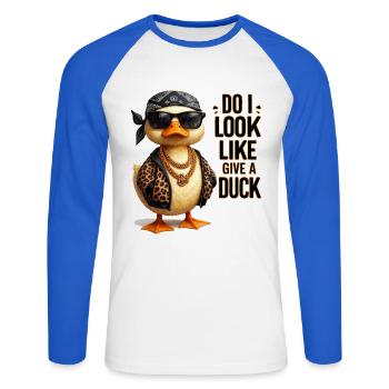 Do I Look Like I Give a Duck Ente - Unisex Baseballshirt langarm - Weiß/Royalblau - Vorne - Nik (191cm)