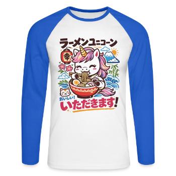 Licorne Kawaii | Ramen | Soupe de nouilles | Restauration rapide - T-shirt baseball manches longues Homme - blanc/bleu royal - Devant - Nik (191cm)