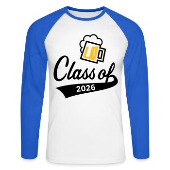 Promotion 2026 (Promotion diplômée / Bière / 3C POS) - T-shirt baseball manches longues Homme - blanc/bleu royal - Devant - Nik (191cm)
