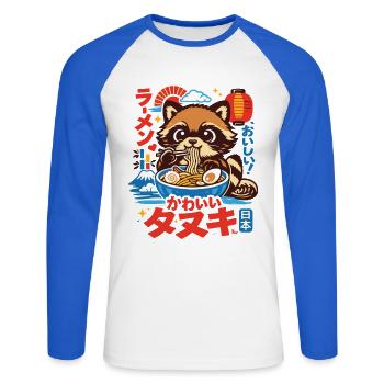 Raton laveur de Kawaii | Ramen | Soupe de nouilles | Restauration rapide - T-shirt baseball manches longues Homme - blanc/bleu royal - Devant - Nik (191cm)