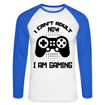I can't Adult now I'm Gaming funny Gamer Sayings - Unisex Long Sleeve Baseball T-Shirt - white/royal blue - Front - Nik (191cm)