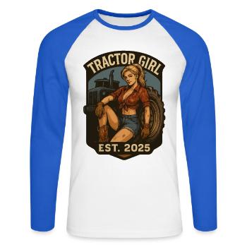 Tractor Girl Est. 2025 | Landwirtschaft - Unisex Baseballshirt langarm - Weiß/Royalblau - Vorne - Nik (191cm)