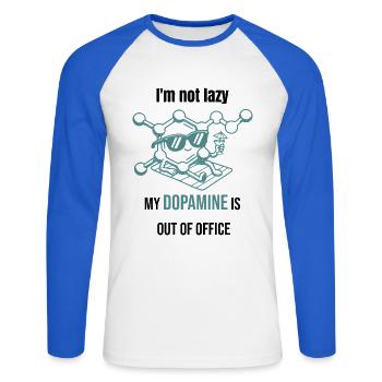 Molécule de dopamine - Je ne suis pas paresseux - T-shirt baseball manches longues Homme - blanc/bleu royal - Devant - Nik (191cm)