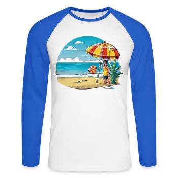 Strandurlaub Cartoon mit Sonnenschirm - Unisex Baseballshirt langarm - Weiß/Royalblau - Vorne - Nik (191cm)
