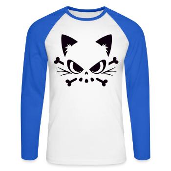 Katzen Totenkopf | Minimal Skull & Bones Motiv - Unisex Baseballshirt langarm - Weiß/Royalblau - Vorne - Nik (191cm)