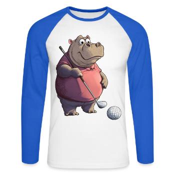 Hippopotames Golf / Hippopotame Golfeur - T-shirt baseball manches longues Homme - blanc/bleu royal - Devant - Nik (191cm)