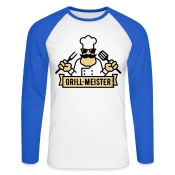 Grillmeister (Grill / Barbecue / BBQ / 3C) - T-shirt baseball manches longues Homme - blanc/bleu royal - Devant - Nik (191cm)