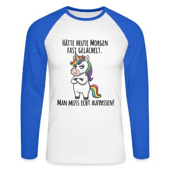 Almost Smiled – Grumpy Unicorn Morning Grouch - Unisex Long Sleeve Baseball T-Shirt - white/royal blue - Front - Nik (191cm)