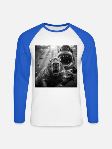 Capybara Unterwasser-Selfie mit Hai - Unisex Baseballshirt langarm - Weiß/Royalblau