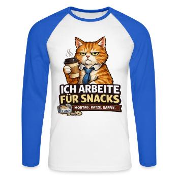 Ich arbeite für Snacks – Büro Katze - Unisex Baseballshirt langarm - Weiß/Royalblau - Vorne - Nik (191cm)