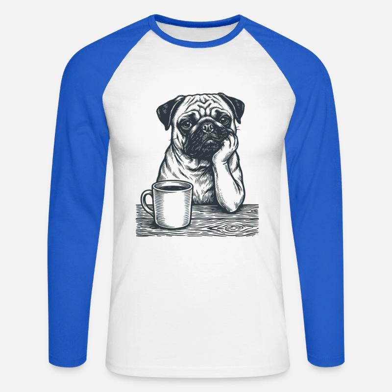 Echter Mops Kaffee Morgenmuffel Look - Unisex Baseballshirt langarm - Weiß/Royalblau