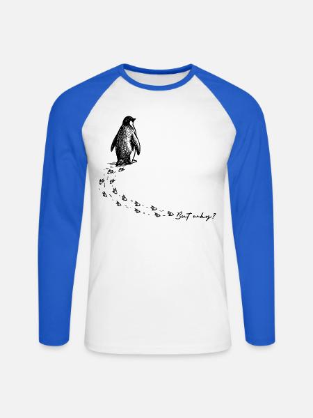 But why? Pinguin Meme Fußspuren Doodle Gekritzel  - Unisex Baseballshirt langarm - Weiß/Royalblau