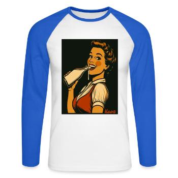 Dame rétro avec une boisson au lait - T-shirt baseball manches longues Homme - blanc/bleu royal - Devant - Nik (191cm)
