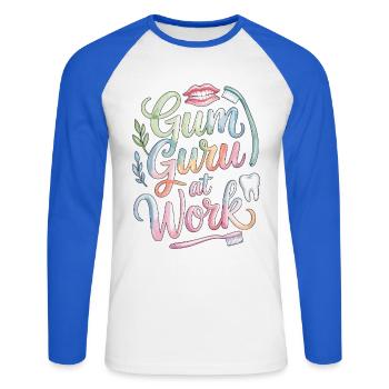 Parodontiste Guru des Gencives au travail dans les soins dentaires - T-shirt baseball manches longues Homme - blanc/bleu royal - Devant - Nik (191cm)