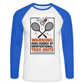Tirs d’avertissement techniques | Humour du badminton - T-shirt baseball manches longues Homme - blanc/bleu royal - Devant - Nik (191cm)