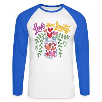 Love Without Borders Shirt – Gift Idea - Unisex Long Sleeve Baseball T-Shirt - white/royal blue - Front - Nik (191cm)