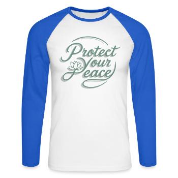 Protégez votre paix Lotus Flower Yoga Spirit - T-shirt baseball manches longues Homme - blanc/bleu royal - Devant - Nik (191cm)