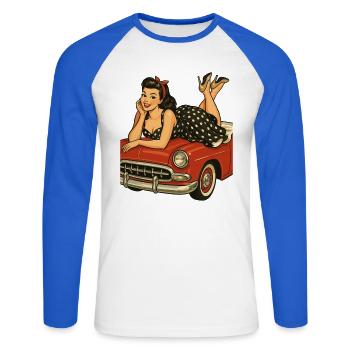 Rockabilly Pin-Up auf Oldtimer im Retro-Stil - Unisex Baseballshirt langarm - Weiß/Royalblau - Vorne - Nik (191cm)