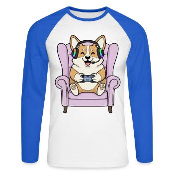 Gamer Corgi Dog Playing Video Games Art - Unisex Long Sleeve Baseball T-Shirt - white/royal blue - Front - Nik (191cm)