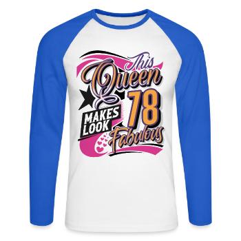 78th Birthday Queen - Unisex Long Sleeve Baseball T-Shirt - white/royal blue - Front - Nik (191cm)