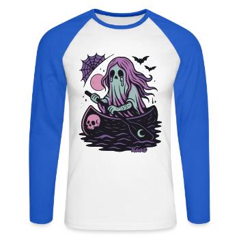 Fantôme dans le bateau avec la lune et la chauve-souris - T-shirt baseball manches longues Homme - blanc/bleu royal - Devant - Nik (191cm)