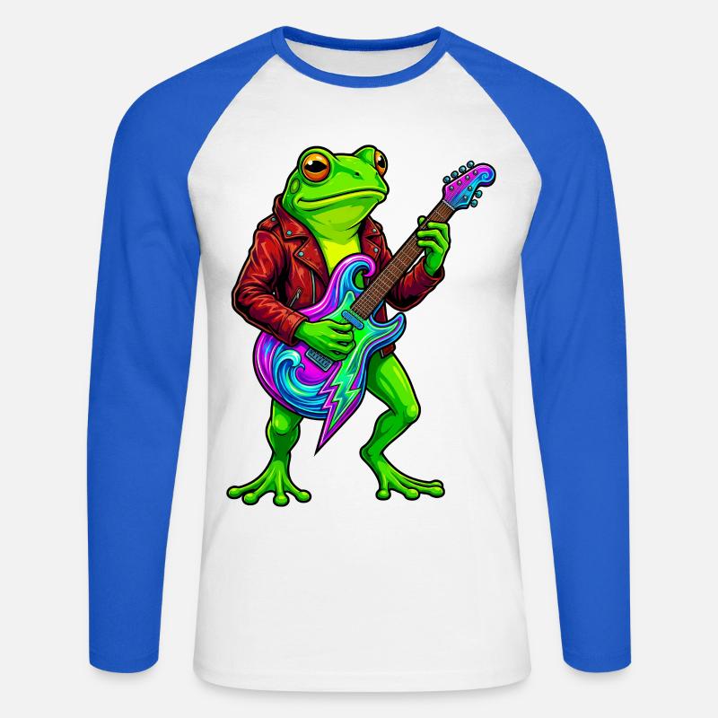 Frosch mit Jacke und Neon E-Gitarre - Unisex Baseballshirt langarm - Weiß/Royalblau