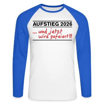 Promotion 2026 : La promotion est désormais célébrée - T-shirt baseball manches longues Homme - blanc/bleu royal - Devant - Nik (191cm)