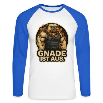 Gnade Ist Aus Bulldog Urban Fitness Tee - Unisex Long Sleeve Baseball T-Shirt - white/royal blue - Front - Nik (191cm)