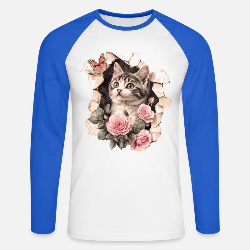 Gatto e farfalla - Maglia da baseball a manica lunga da uomo - bianco/blu royal
