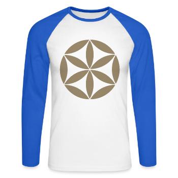 Taupe Geometric Flower Circle - Unisex Long Sleeve Baseball T-Shirt - white/royal blue - Front - Nik (191cm)